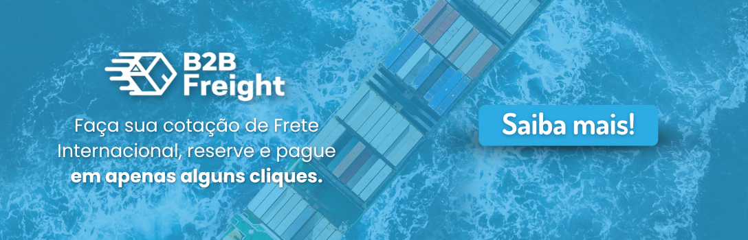 Banner de promoção da B2B Freight com um texto de chamada "Faça sua cotação de Frete Internacional, reserve e pague em apenas alguns cliques"