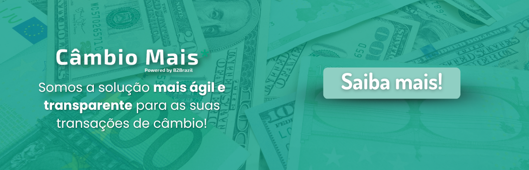 Uma imagem de notas ao fundo com o logo do Câmbio Mais a frente e o texto "Somos a solução mais ágil e transparente para suas transações de câmbio! Saiba mais!"