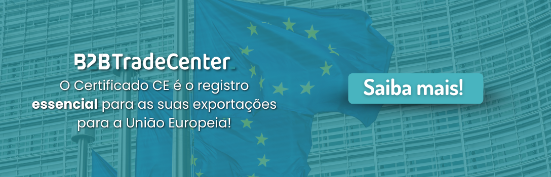 Banner promocional com o texto "B2B TradeCenter: O Certificado CE &eacute; o registro essencial para suas exporta&ccedil;&otilde;es para a Uni&atilde;o Europeia! Saiba mais!"